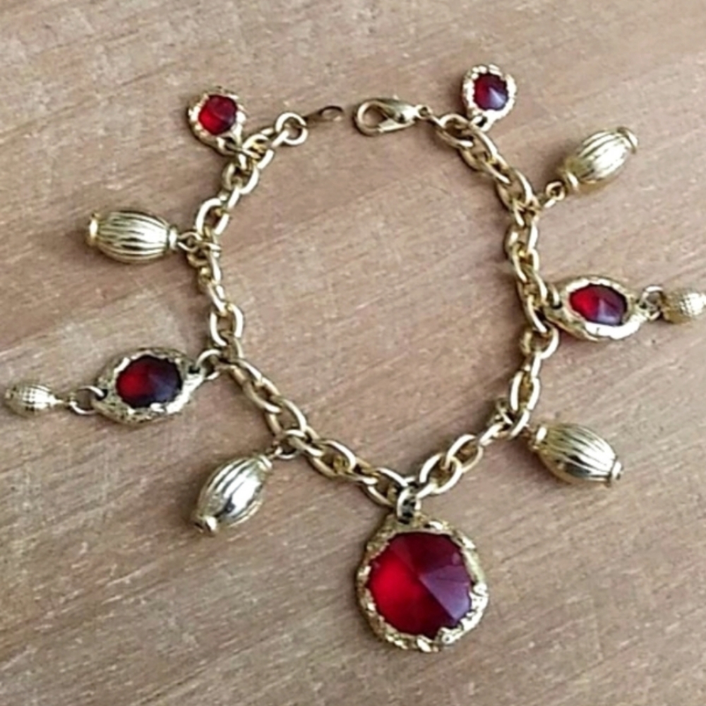 Gold Bracelet With Red Rhinestones Crystals Charms